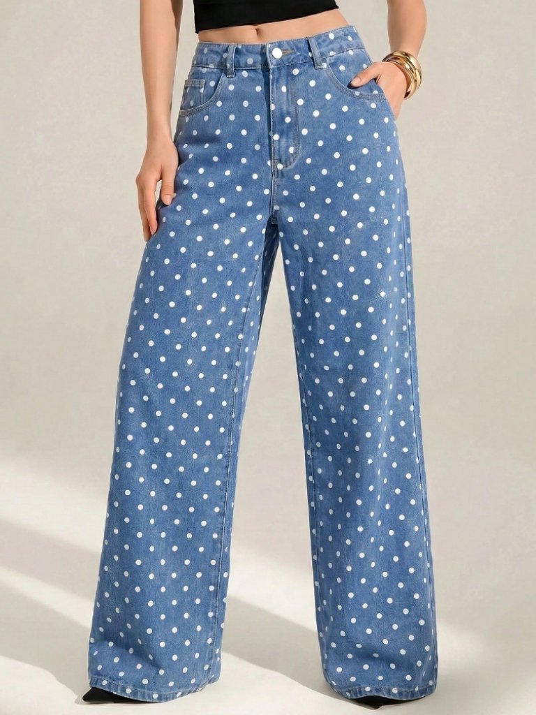 Blue Womens Casual Women's Polka Dot Loose Denim Jeans